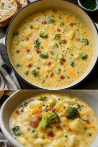 Eine Schüssel Brokkolisuppe mit Käse und Kartoffeln auf einem Holzbrett