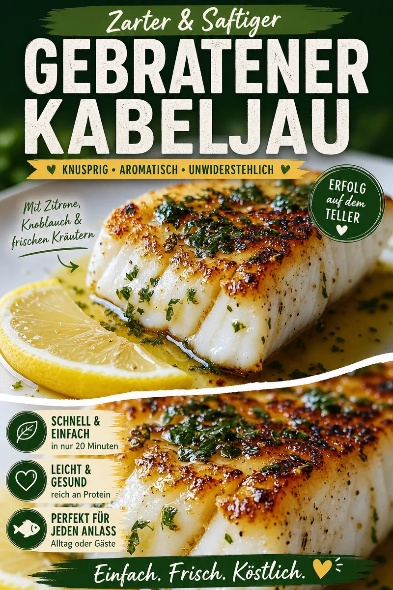 Leckeres Kabeljau-Rezept: Goldgebratener Kabeljau mit Kräuterbuttersauce Leckeres Kabeljau-Rezept: Goldgebratener Kabeljau mit Kräuterbuttersauce - Suchst du nach einem besonderen Gericht, das schnell zubereitet ist? Probiere diesen goldgebratenen Kabeljau mit einer köstlichen Kräuterbuttersauce! Perfekt für ein einfaches Abendessen, das Eindruck macht. Lass dir dieses wunderbare Rezept nicht entgehen und bring Geschmack auf deinen Tisch! Jetzt nachkochen! #Kabeljau #SchnelleRezepte #Fischgerichte