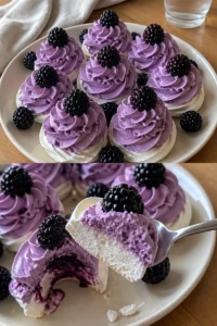 Luftige Meringues mit schokoladigen schwarzen Johannisbeeren auf einem Teller