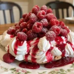 Meringue Wolke mit frischen Himbeeren auf einem Teller