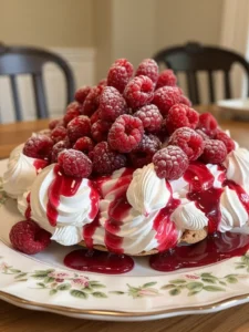 Meringue Wolke mit Himbeeren 7 Meringue Wolke mit frischen Himbeeren auf einem Teller