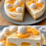 Pfirsich Raffaello Torte auf einem Teller, dekoriert mit frischen Pfirsichen