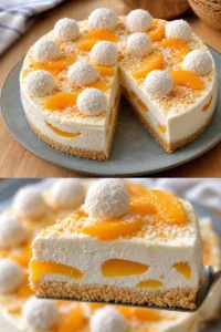 Pfirsich Raffaello Torte auf einem Teller, dekoriert mit frischen Pfirsichen