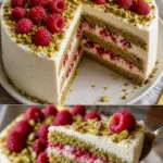 Pistazien-Himbeertorte mit frischen Himbeeren und Pistazien dekoriert