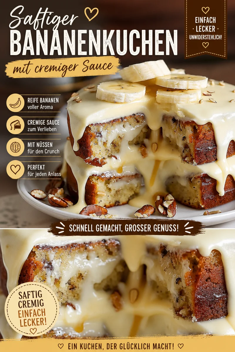 Saftiger Bananenkuchen mit cremigem Frischkäse-Guss – Einfach unwiderstehlich! Saftiger Bananenkuchen mit cremigem Frischkäse-Guss – Einfach unwiderstehlich! - Hast du reife Bananen zu Hause? Bereite diesen saftigen Bananenkuchen mit einem köstlichen Frischkäse-Guss zu! Ein einfaches Rezept für ein glückliches Dessert, das deine Familie begeistern wird. Ideale Mischung aus süßen Bananen und cremigem Frosting – Perfekt für jede Feier oder als Nachtisch! Probiere es aus und teile deine Meinung! #Bananenkuchen #KuchenRezept #Süßspeisen