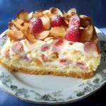 Sahnetorte mit Rhabarber und Schmandhaube auf einem eleganten Teller