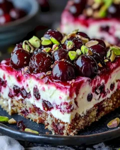 Sauerkirschen-Torte mit Pistaziencreme, dekoriert mit frischen Sauerkirschen