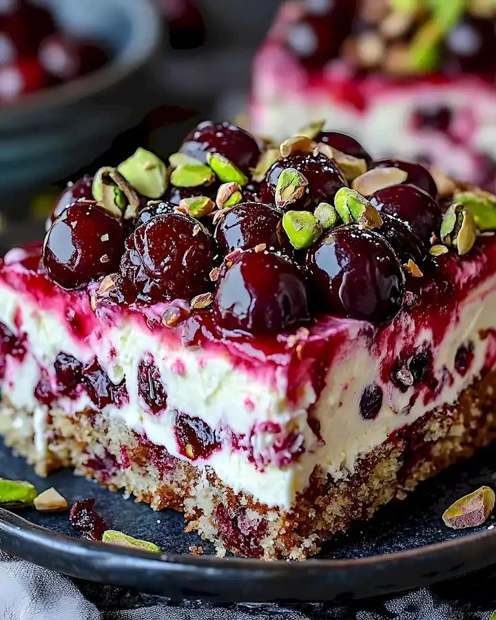 Sauerkirschen-Torte mit Pistaziencreme 2 Sauerkirschen-Torte mit Pistaziencreme, dekoriert mit frischen Sauerkirschen