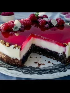 Schaumige Mohn-himbeertorte mit Walnuss 4 Schaumige Mohn-himbeertorte mit Walnuss auf einem Teller