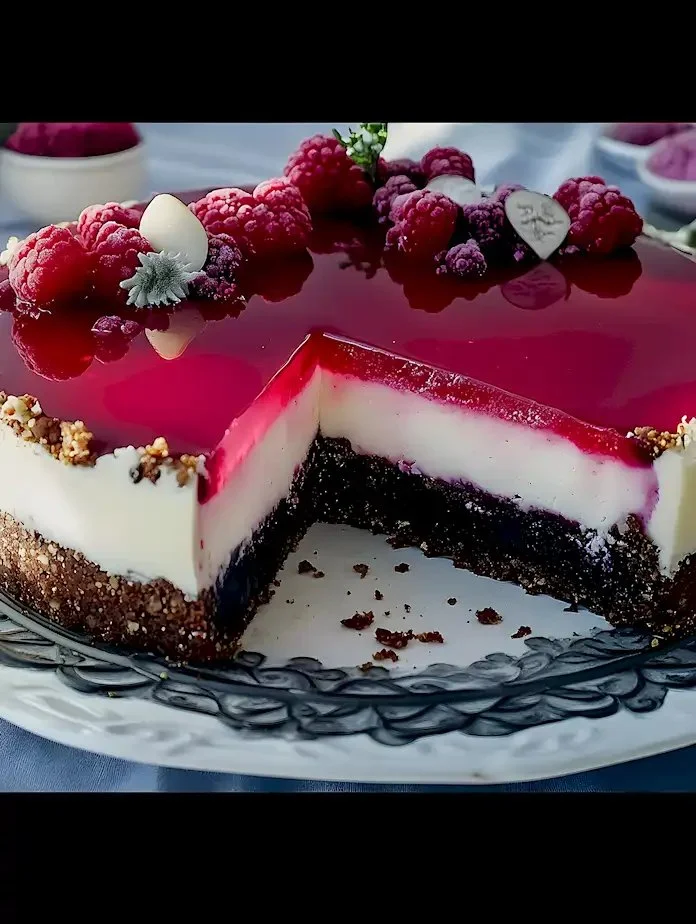 Schaumige Mohn-himbeertorte mit Walnuss 3 Schaumige Mohn-himbeertorte mit Walnuss auf einem Teller
