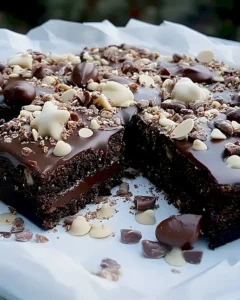 Schokoladiger Blechkuchen mit Mandeln Rezept 2 Schokoladiger Blechkuchen mit Mandeln, frisch gebacken und dekoriert.