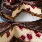 Schwarzwälder Käsekuchen mit Schokoladendecke und Kirschkompott