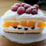 Süße Schütteltorte mit Mandarinen auf einem Teller angerichtet