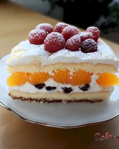 Süße Schütteltorte mit Mandarinen Rezept 5 Süße Schütteltorte mit Mandarinen auf einem Teller angerichtet