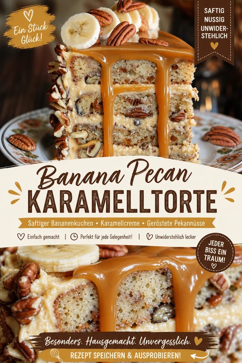 Unwiderstehliche Bananen-Pekan-Karamell-Schichttorte für wahre Genussmomente Unwiderstehliche Bananen-Pekan-Karamell-Schichttorte für wahre Genussmomente - Entdecke die himmlische Bananen-Pekan-Karamell-Schichttorte, die jeden Backliebhaber begeistert! Diese Torte vereint saftige Bananen, knusprige Pekannüsse und ein verführerisches Karamell-Frosting. Perfekt für besondere Anlässe oder um einfach deine Liebsten zu überraschen. Lass dich von dem unwiderstehlichen Duft und Geschmack verzaubern. Probiere jetzt dieses Rezept und kreiere deine eigene Tortenkunst! #Bananentorte #Backen #Karamell