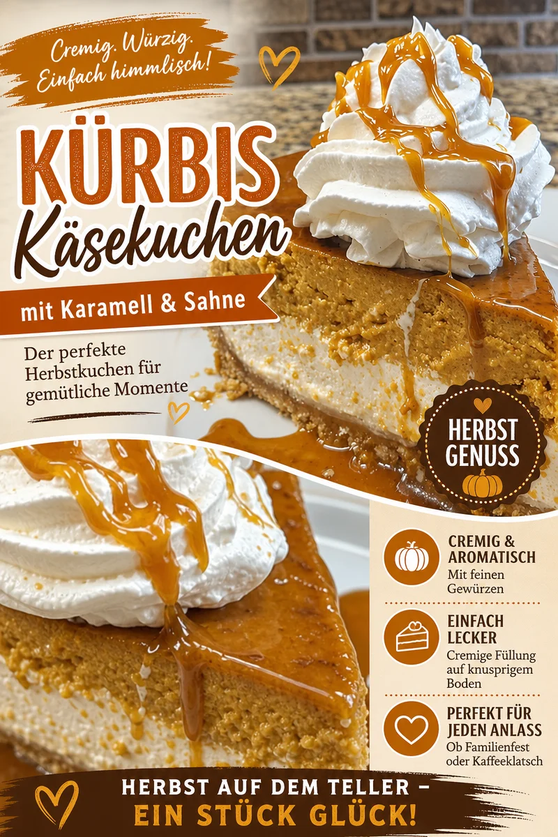 Unwiderstehlicher Kürbis-Karamell-Cheesecake für den Herbst - Bist du Käsekuchen-Fan? Dann ist dieser Kürbis-Karamell-Cheesecake ein absolutes Must-Try! Perfekt für die kühlen Tage, begeistert er mit cremigem Frischkäse, würzigen Aromen und einer köstlichen Karamellsoße. Lass dich von dem Geschmack des Herbstes verführen und verwöhne deine Freunde und Familie! Probiere das Rezept jetzt aus und entdecke die Freude an diesem herbstlichen Dessert! #KürbisKäsekuchen #HerbstRezepte #Desserts