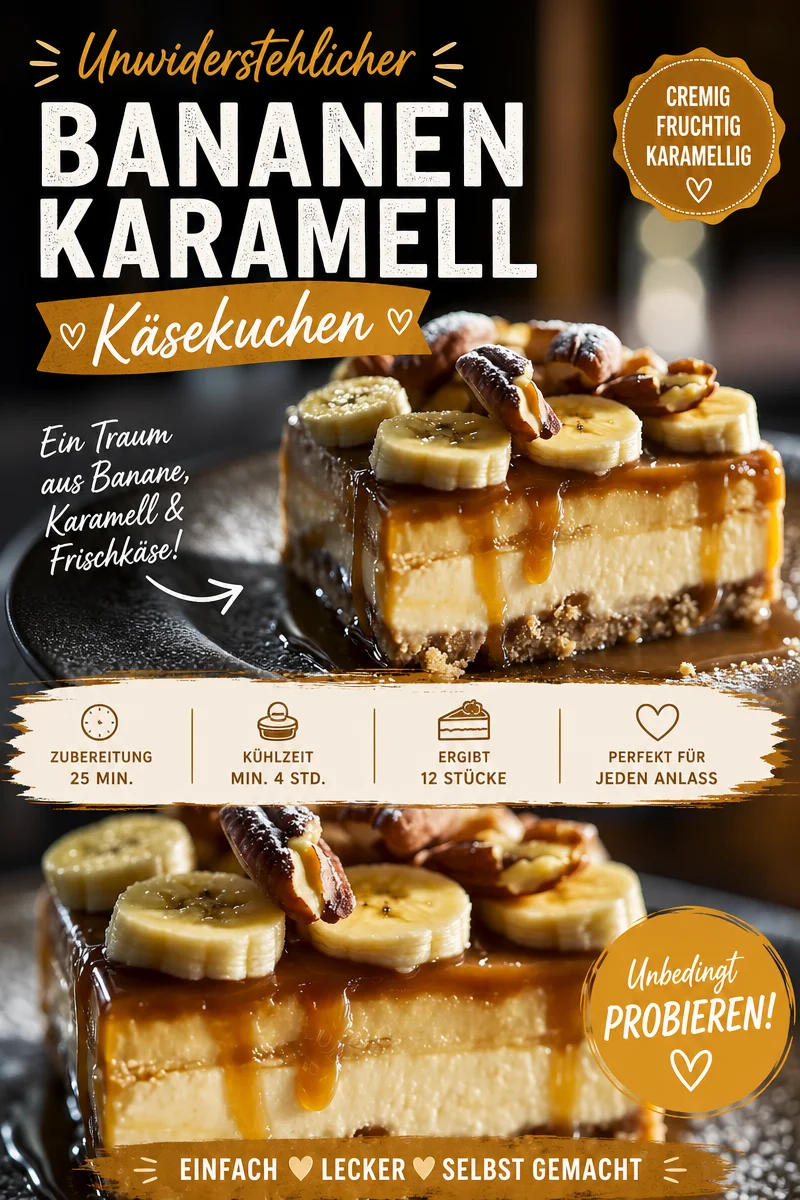Verführerischer Banana Caramel Peanut Butter Cheesecake für jede Gelegenheit - Entdecke den ultimativen Genuss mit diesem Banana Caramel Peanut Butter Cheesecake! Cremiger Frischkäse, süße Bananen und salzige Erdnussbutter vereinen sich zu einem unwiderstehlichen Dessert, das mit Karamellsauce perfektioniert wird. Ideal für Feierlichkeiten oder einfach zum Genießen. Probiere es jetzt aus und bringe deine Gäste zum Staunen! #Käsekuchen #Dessertliebe #Rezeptideen