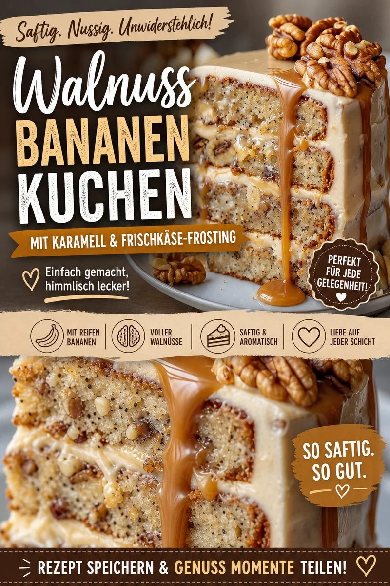 Verwöhne deinen Gaumen mit Walnuss-Bananen-Karamell-Kuchen Verwöhne deinen Gaumen mit Walnuss-Bananen-Karamell-Kuchen - Dieser köstliche Walnuss-Bananen-Karamell-Kuchen ist der perfekte Genuss für jede Gelegenheit! Saftig, süß und mit einem unwiderstehlichen Karamellüberzug – damit bringst du die Geschmäcker deiner Lieben zum Strahlen. Ideal für Kaffeepausen oder als Dessert zum Fest. Hol dir jetzt das Rezept und überrasche deine Gäste! Backe dir das Glück ins Haus! #Kuchenliebe #Dessert #Backen