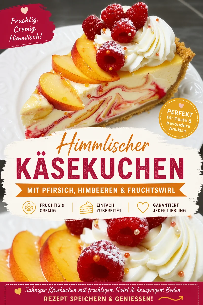 Verwandle deinen Sommer mit einem unwiderstehlichen Pfirsich-Himbeer-Cheesecake - Entdecke das perfekte Dessert für laue Sommerabende: Unser Pfirsich-Himbeer-Cheesecake! Cremig, fruchtig und einfach zuzubereiten – dieser Kuchen ist ein echter Gaumenschmaus, den du nicht verpassen solltest. Probiere es selbst und sichere dir die Rezeptanleitung! #Cheesecake #Süßspeisen #Backen