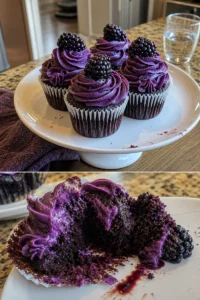 Violette Kuchencupcakes mit Pflaumenbuttercreme Rezept 2 Violette Kuchencupcakes mit Pflaumenbuttercreme auf einem Teller