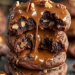 Weiche Karamell-Brownie-Kekse mit Pecannüssen auf einem Teller