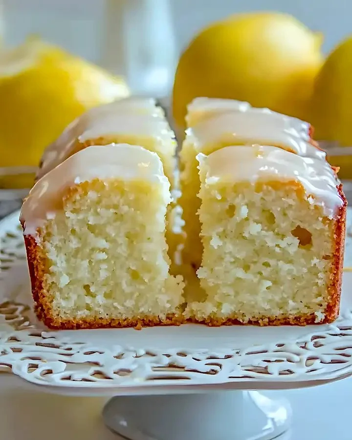 Weicher Zitronenbundkuchen mit Zitronenglasur auf einem Tisch präsentiert