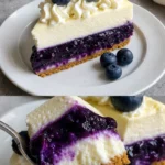 Weißer Schokoladen Cheesecake mit Blaubeeren auf einem Teller serviert