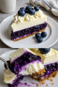 Weißer Schokoladen Cheesecake mit Blaubeeren auf einem Teller serviert