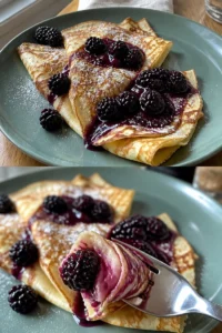 Zarte Pfannkuchen mit schwarzen Johannisbeeren 4 Zarte Pfannkuchen mit schwarzen Johannisbeeren auf einem Teller serviert