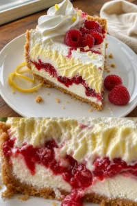 Zitrone-Himbeeren Käsekuchen Rezept 5 Zitrone-Himbeeren Käsekuchen auf einem Tisch, fertig zum Servieren