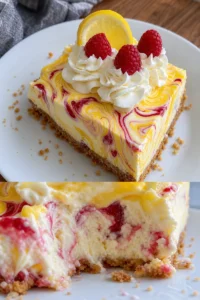 Zitronen-Himbeer-Marmor-Käsekuchen Rezept 1 Zitronen-Himbeer-Marmor-Käsekuchen auf einem Teller mit frischen Himbeeren