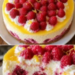 Zitronen-Himbeer-Sahne-Käsekuchen auf einem Teller, dekoriert mit Himbeeren.