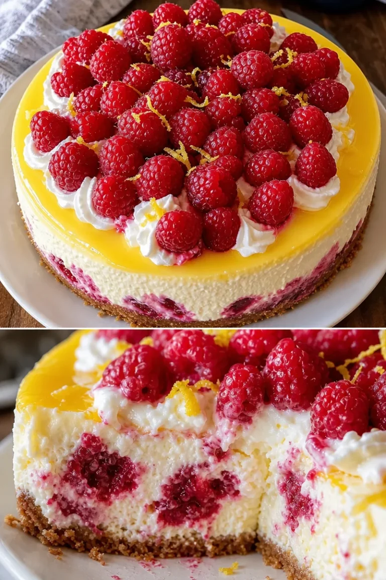 Zitronen-Himbeer-Sahne-Käsekuchen auf einem Teller, dekoriert mit Himbeeren.