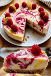 Zitronen-Himbeer-Swirl-Käsekuchen 8 Zitronen-Himbeer-Swirl-Käsekuchen auf einem Teller, köstlich angerichtet.