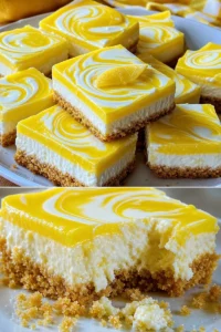 Zitronen-Käsekuchen-Riegel auf einem Teller serviert, perfekt für Dessertliebhaber.