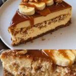 Bananen-Karamell-Erdnussbutter-Käsekuchen auf einem Teller angerichtet