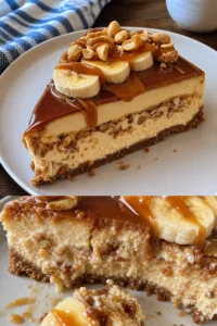 Bananen-Karamell-Erdnussbutter-Käsekuchen Rezept 3 Bananen-Karamell-Erdnussbutter-Käsekuchen auf einem Teller angerichtet
