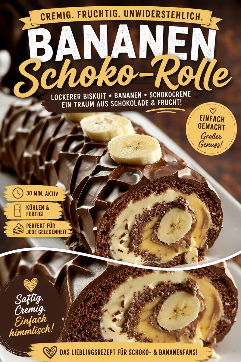 Bananen-Schokoladen-Traumrolle – Ein himmlisches Dessert-Rezept! - Entdecke dieses unwiderstehliche Rezept für eine Bananen-Schokoladen-Traumrolle! Perfekt für besondere Anlässe oder einfach zum Genießen. Mit fluffigem Kuchen, süßen Bananen und cremiger Sahne ist dieses Dessert ein echter Hingucker. Lass dich von diesem Geschmackserlebnis verführen und trage es gleich in deine Merkliste ein! Bereite die Traumrolle heute zu! #Dessert #Backen #Bananenrolle