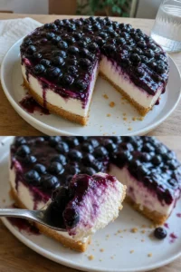 Leckerer Blaubeer-Quarkkuchen frisch aus dem Ofen mit Blaubeeren und Quark.