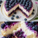 Cremiger Heidelbeerkuchen auf einem Dessertteller mit frischen Heidelbeeren