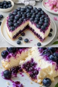 Cremiger Heidelbeerkuchen auf einem Dessertteller mit frischen Heidelbeeren