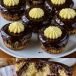 Donauwellen Muffins mit Pudding und Schokoguss auf einem Teller