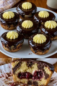 Donauwellen Muffins mit Pudding und Schokoguss auf einem Teller