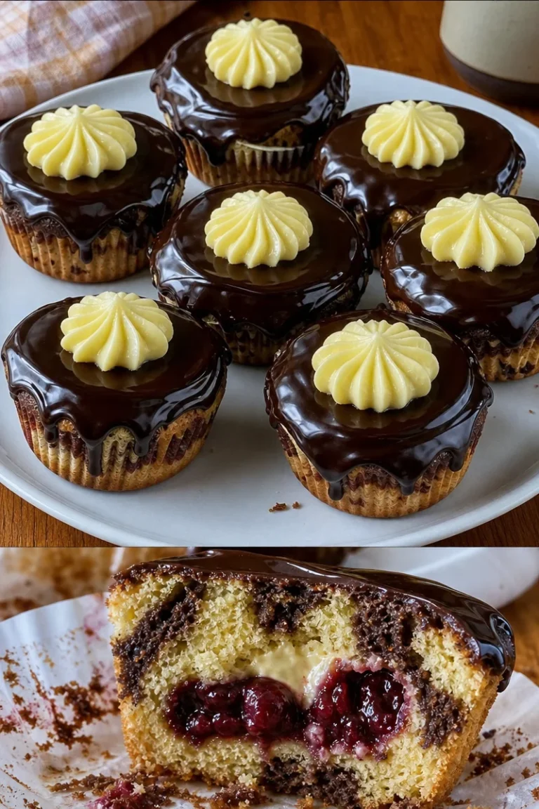 Donauwellen Muffins Rezept mit Pudding und Schokoguss 3 Donauwellen Muffins mit Pudding und Schokoguss auf einem Teller