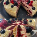 Leckerer No-Bake Erdnussbutter Käsekuchen mit Marmelade auf einem Teller