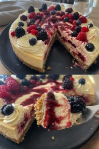 Leckerer No-Bake Erdnussbutter Käsekuchen mit Marmelade auf einem Teller
