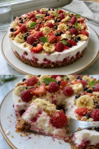 Erdbeer-Stracciatella-Bananen-Torte Rezept 1 Erdbeer-Stracciatella-Bananen-Torte auf einem Teller serviert