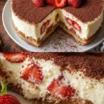 Erdbeer Tiramisu Käsekuchen auf einem Teller, dekoriert mit frischen Erdbeeren.