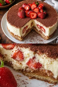 Erdbeer Tiramisu Käsekuchen Rezept 4 Erdbeer Tiramisu Käsekuchen auf einem Teller, dekoriert mit frischen Erdbeeren.