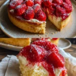 Erdbeerkuchen mit Vanillecreme auf einer weißen Servierplatte